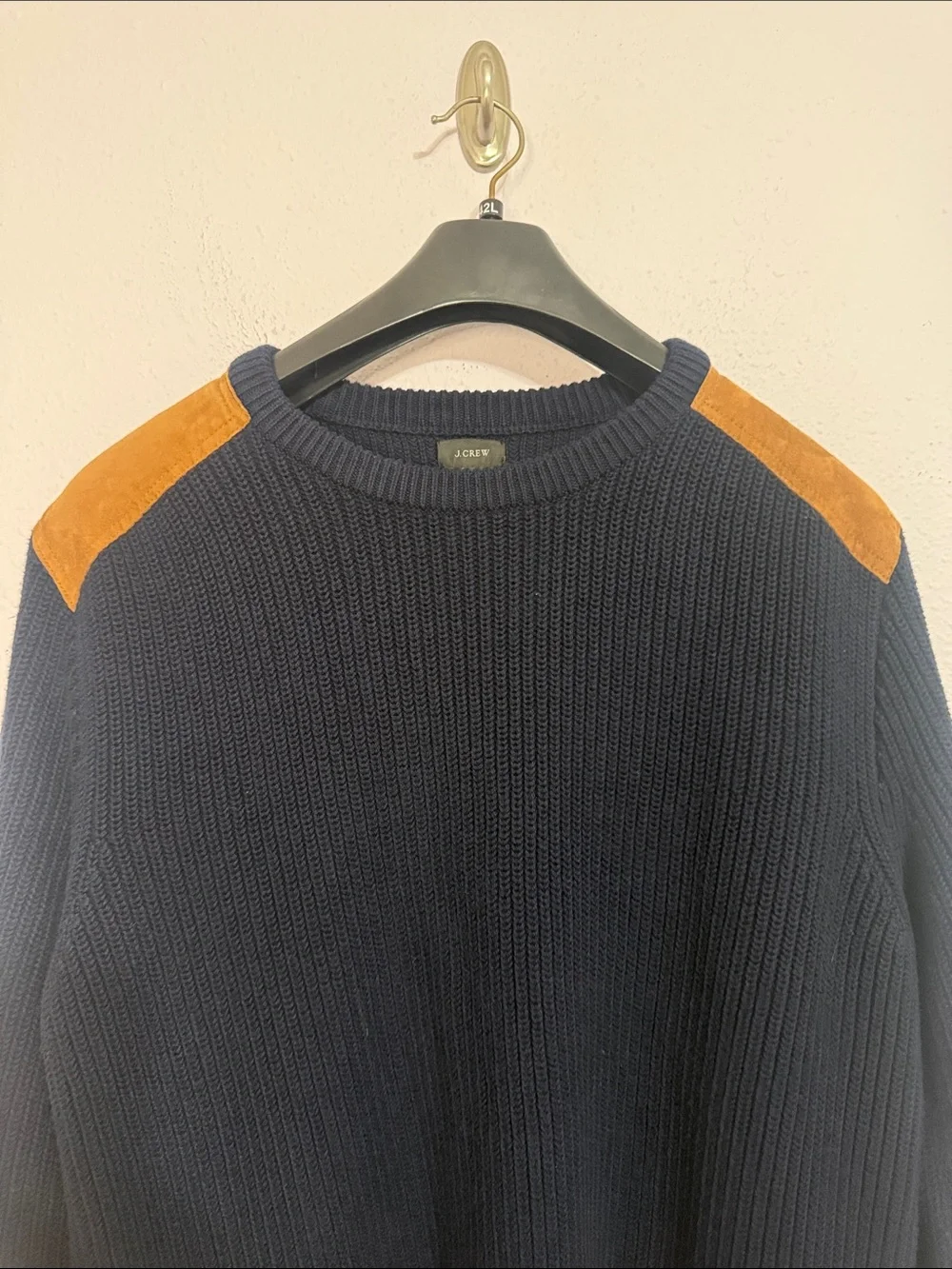 J. Crew Men Navy Crewneck Sweater with Tan Shoulder Patches Size Large
